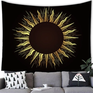 Tapiz decorativo de pared negro con diseño de sol dorado para decoración de interiores