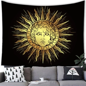 Tapiz de pared místico con cara de sol dorado decoración estética para el salón