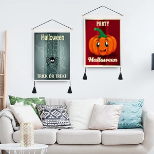 Tapiz de pared de Halloween con calabaza y araña con marco de madera y borlas negras