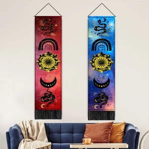 Wall Tapestry Mystical Moon Sun Snake Print Polyester Cotton Hanging Painting With Wood Rod Tassel Decor Bohemian Celestial