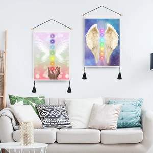 Chakra healing wings wall tapestry with wooden rod and black tassels for living room decor
