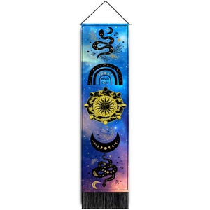 Vertical celestial wall tapestry with Sun and Moon motifs featuring Moon Child print and tassels