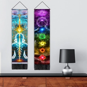Set of two colorful chakra energy wall tapestries with tassels for home decor
