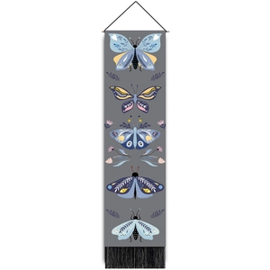Vertical grey butterfly wall tapestry with folk art patterns and black fringe tassels