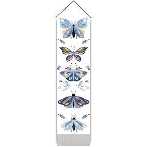 Vertical wall tapestry with colorful folk-art butterfly prints and elegant grey tassels