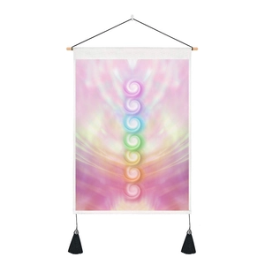 Colorful Seven Chakra wall tapestry with wooden hanger and black tassels for yoga room