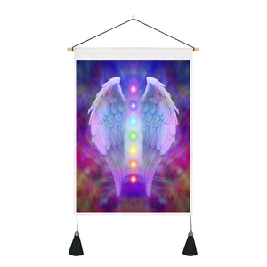 Colorful wings wall tapestry with chakra energy symbols and wooden scroll hanger