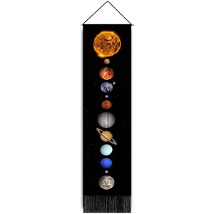 Vertical wall tapestry with solar system planets print and elegant black tassels