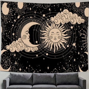 Detailed celestial sun and moon wall tapestry with stars on black polyester fabric