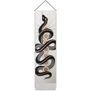 Vertical wall hanging with artistic black snake and golden moon phases on white background
