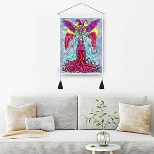 Gothic winged skeleton wall tapestry with black tassels and wooden hanging rod for home