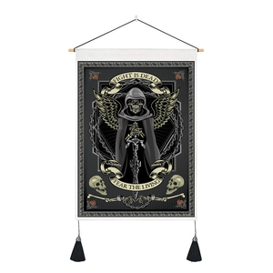 Gothic wall tapestry with winged skull sword and roses featuring black tassels