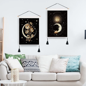 Set of two moon and sun aesthetic tapestries with wooden poles and black tassels for wall decor