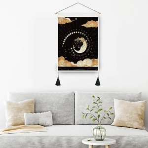 Artistic moon phase wall tapestry with gold clouds and tassels for room decor