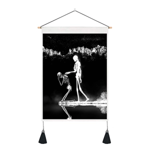 Gothic black and white tapestry featuring skeleton figures with mountain reflection design
