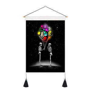 Detail of skeleton tapestry with planetary balloons, hanging rod and black tassels