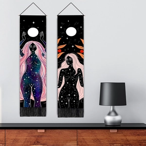 Moon and rainbow girl wall hanging tapestry with black tassels for home decor
