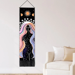 Bohemian moon goddess wall tapestry with rainbow hair and black tassels for home decor