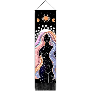 Artistic moon goddess tapestry with starry hair details and black bottom tassels