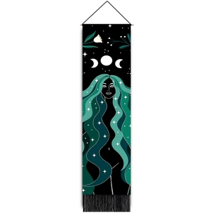 Bohemian moon goddess wall tapestry with black fringes and teal hair mystical woman design