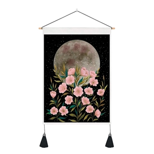 Floral moon tapestry with wooden pole and tassels for room wall decor