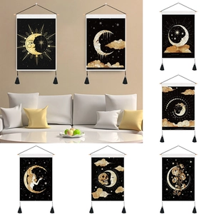 Mystic Sun Moon Star Wall Tapestry With Wood Pole Tassels Celestial Fabric Wall Art Decor For Home Bedroom Living Room