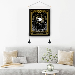 Mystical Ten of Rings tarot wall tapestry with black fabric and golden leaf pattern