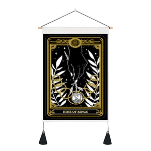 Nine of Rings tarot wall scroll tapestry with black floral skull hand design and tassels