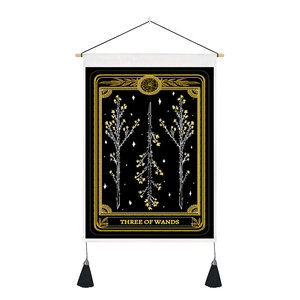 Three of Wands tarot tapestry with wooden scroll and black tassels for wall decor