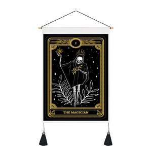 Detail of The Magician tarot skull tapestry with wooden hanging rod and black tassels