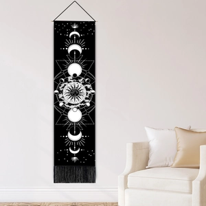 Bohemian black and white sun and moon phase wall tapestry with elegant fringe accents