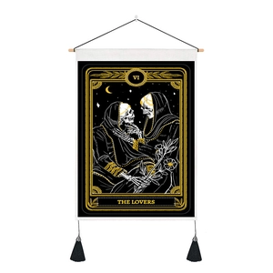 Macro detail of VI The Lovers skull tarot tapestry with wooden pole and black tassel