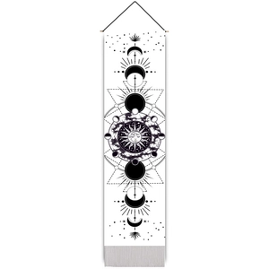 Bohemian black and white sun and moon phase wall tapestry with elegant hanging tassels