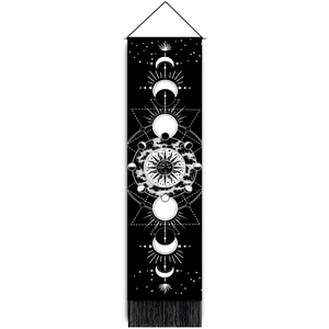 Bohemian sun and moon eclipse wall hanging tapestry with black fringe and wooden pole