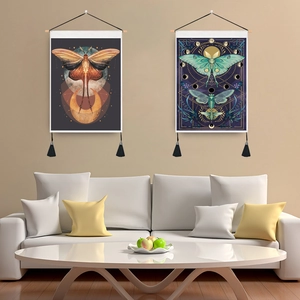 Colorful butterfly wall hanging tapestry with wooden scrolls and tassels for room decor