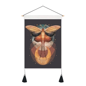 Detailed moth art tapestry with moon phases, vintage colors, and black hanging tassels