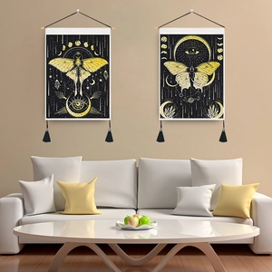 Böhmischer Wandteppich Motte Mondphase Nordischer Stil Mystik Schwarz Gold Wandkunst Mit Holzstab Und Quaste Für Schlafzimmer Wohnkultur