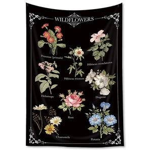 Vintage bohemian wildflower tapestry with floral botanical illustrations on black background