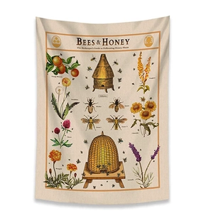 Bohemian vintage bee and honey botanical floral tapestry for wall decoration