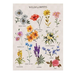 Bohemian floral wall tapestry featuring vintage wildflower botanical illustrations on canvas