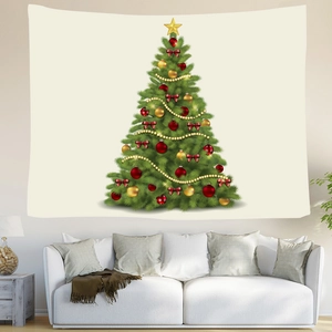 Detail of Christmas tree tapestry with festive ornaments on a cozy living room wall