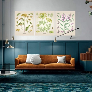 Three-piece botanical floral poster set featuring vintage tansy and sage on a dark background