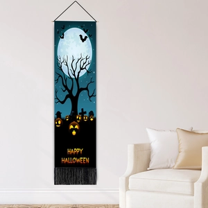 Vertical Halloween wall tapestry with moon, bats and pumpkins on white wall setup