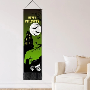 Happy Halloween tapestry with ghost house and bat silhouettes hanging on a white wall