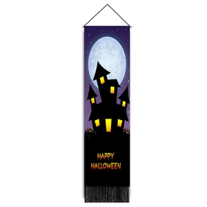 Halloween decorative tapestry with spooky castle, glowing pumpkins and black tassels