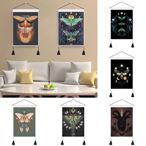 Bohemian Butterfly Moth Wall Hanging Tapestry With Wooden Rod Tassel Cotton Polyester Mystic Moon Phase Wall Art Decor For Home