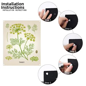 Five-step installation guide for Tansy botanical wall hanging with metal grommets