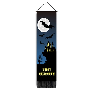 Vertical Halloween banner with spooky castle, moon, bats, and yellow Happy Halloween text