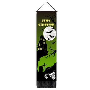 Detail of Halloween banner featuring a skeleton silhouette with black tassels and castle