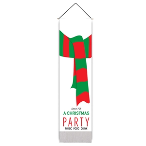 Nahaufnahme der Weihnachts-Party-Fahne mit rotem Schal-Motiv und grauen Quasten